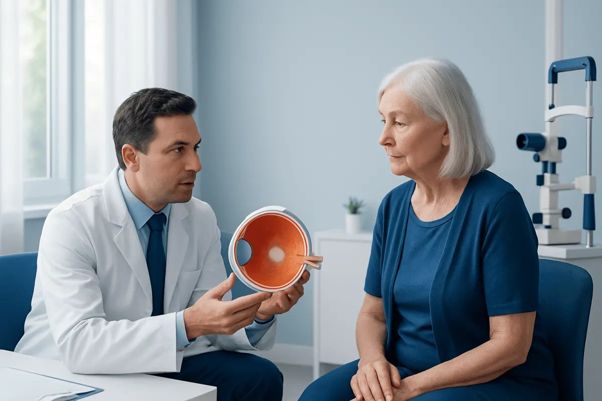 Ophthalmologist explains eye health to elderly patient in clinic.
