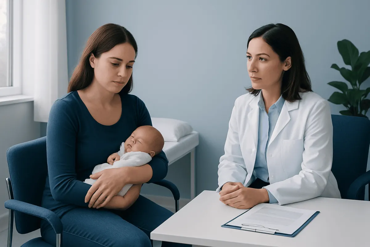 Mother with newborn discussing postpartum health with doctor in clinic.