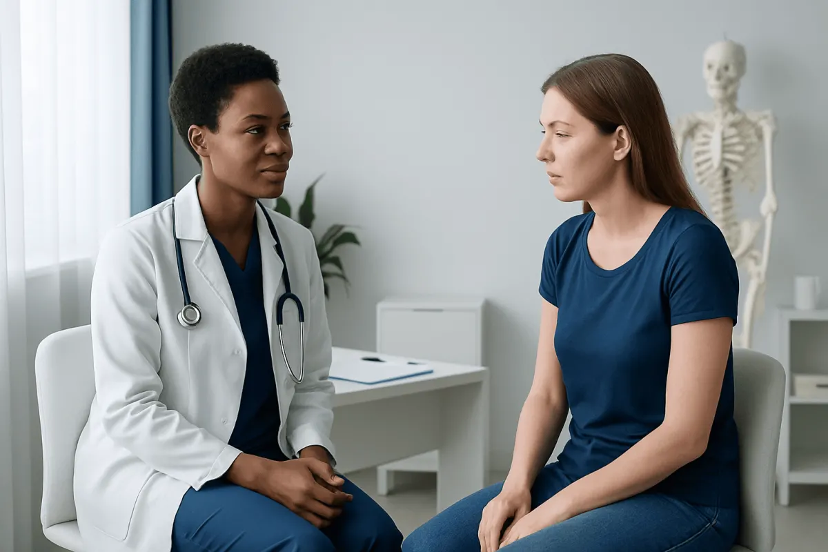 Doctor consulting with a patient about posture in a medical office.
