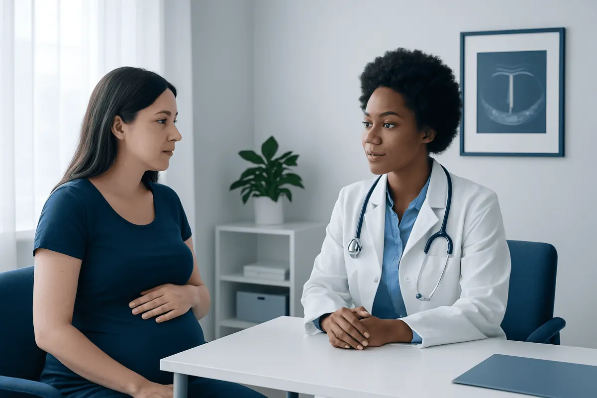 Pregnant woman consulting with a doctor in a medical office.