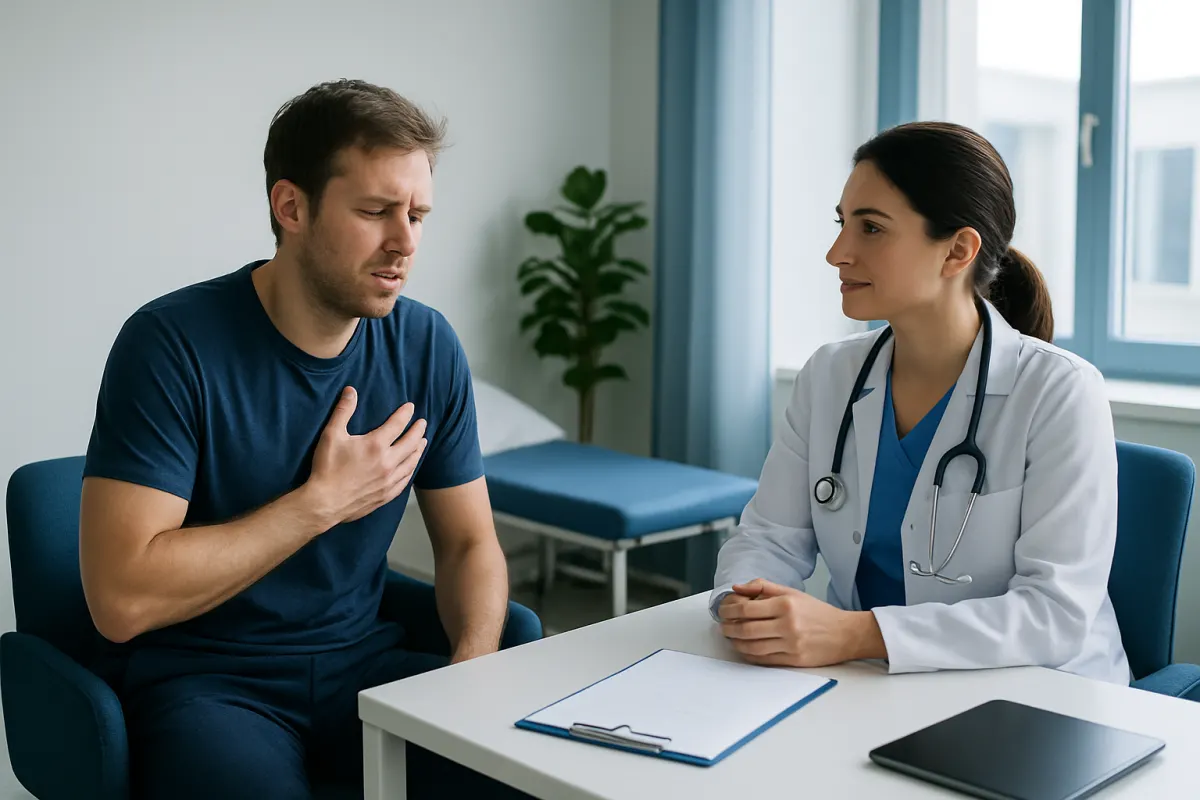 Doctor consulting with patient about shoulder pain in clinic setting.