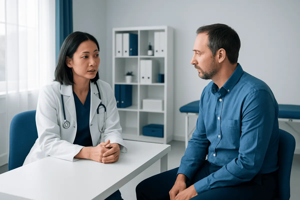Doctor consulting with a male patient in a medical office setting.