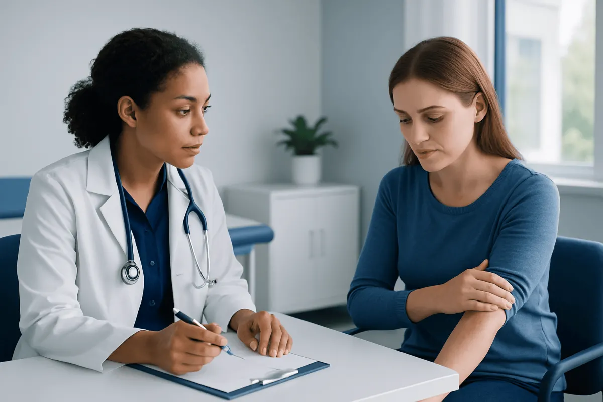 Doctor consulting with a patient about allergy symptoms in a medical office.