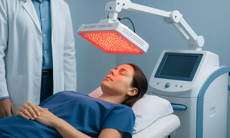 Patient receiving red light therapy treatment in a medical clinic.