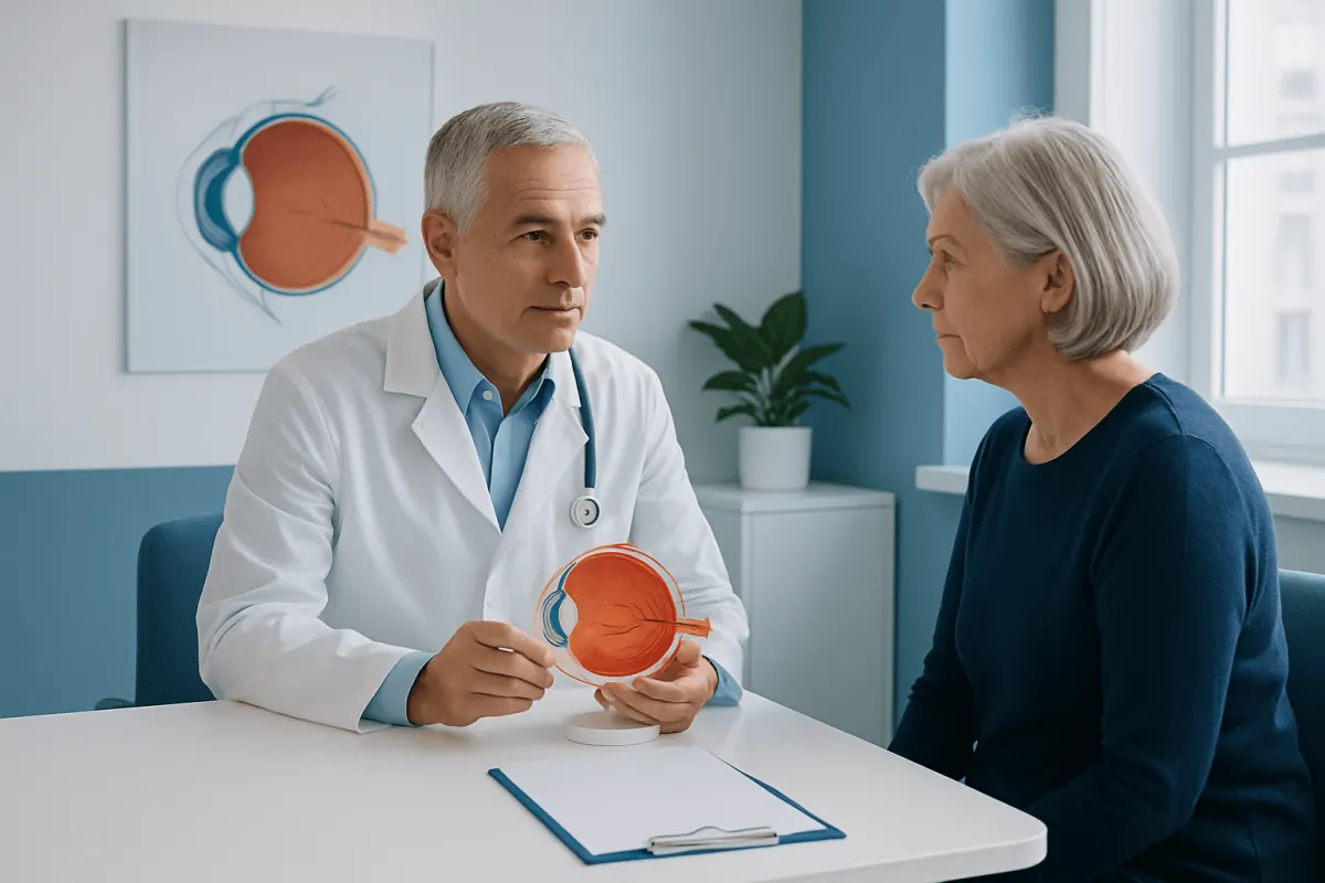 Ophthalmologist explaining retinal detachment to an elderly woman.