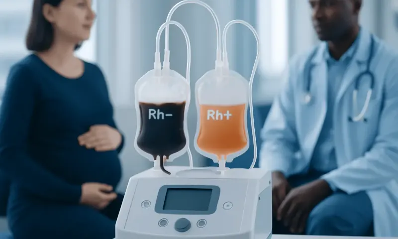 Blood type Rh factor testing with two blood bags labeled Rh- and Rh+.