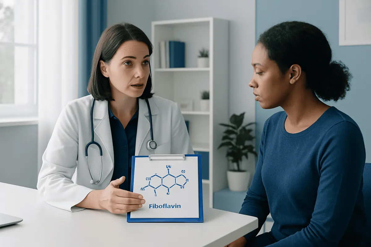 Doctor explaining Riboflavin benefits to patient in a medical consultation.