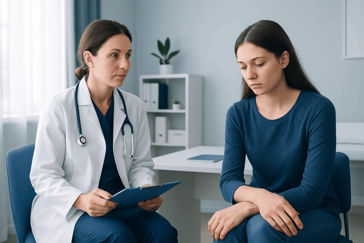 Doctor consulting with a young woman in a medical office setting.