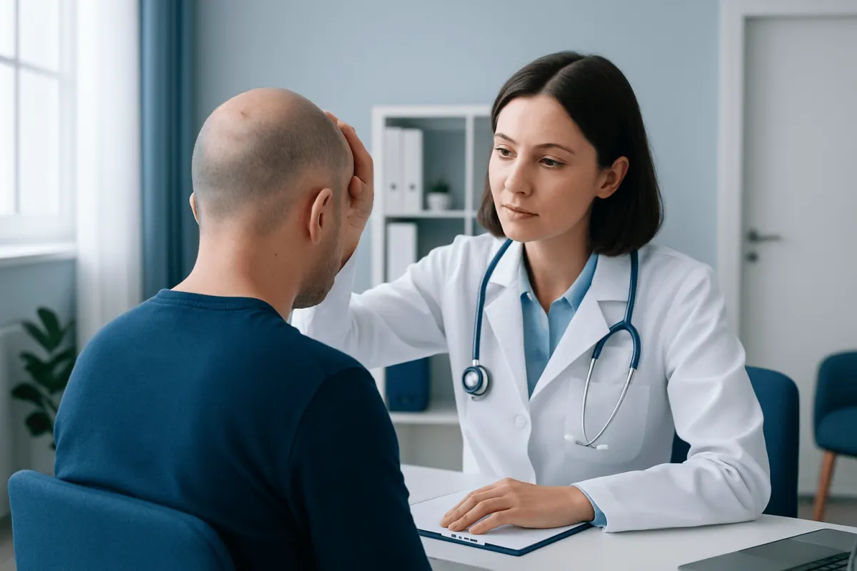 Doctor examining patient's scalp for wart diagnosis.