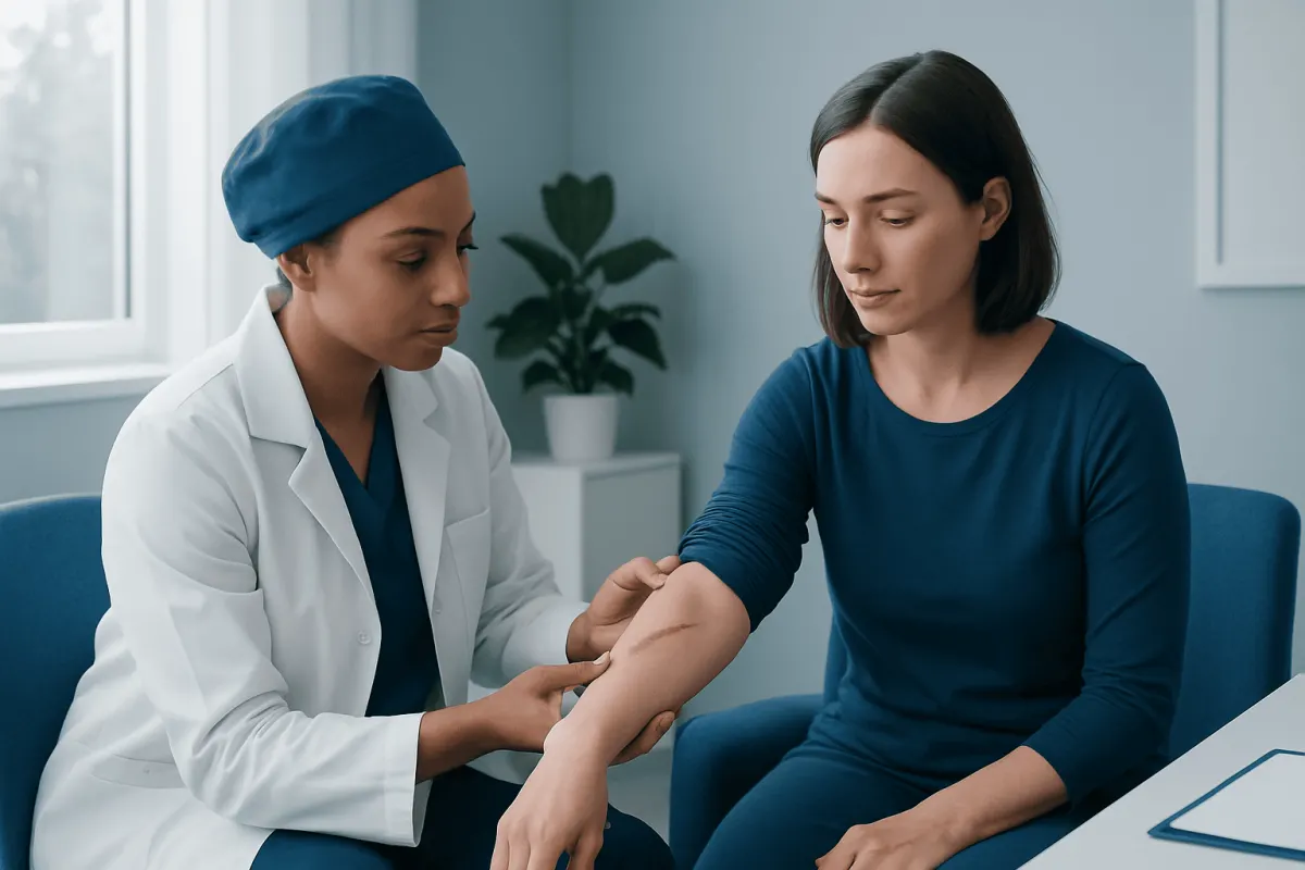 Doctor examining patient's arm in a clinical setting.