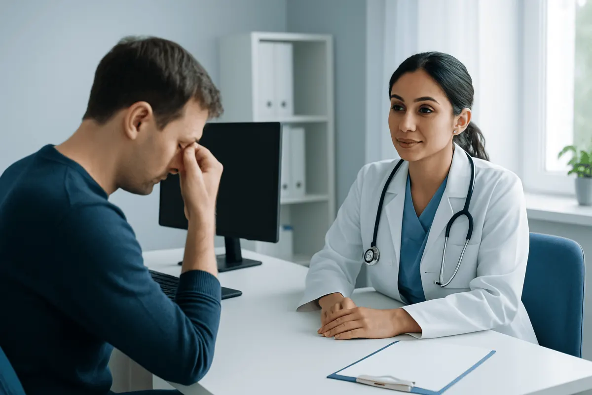Doctor consulting with a patient about eye strain symptoms in a clinic setting.
