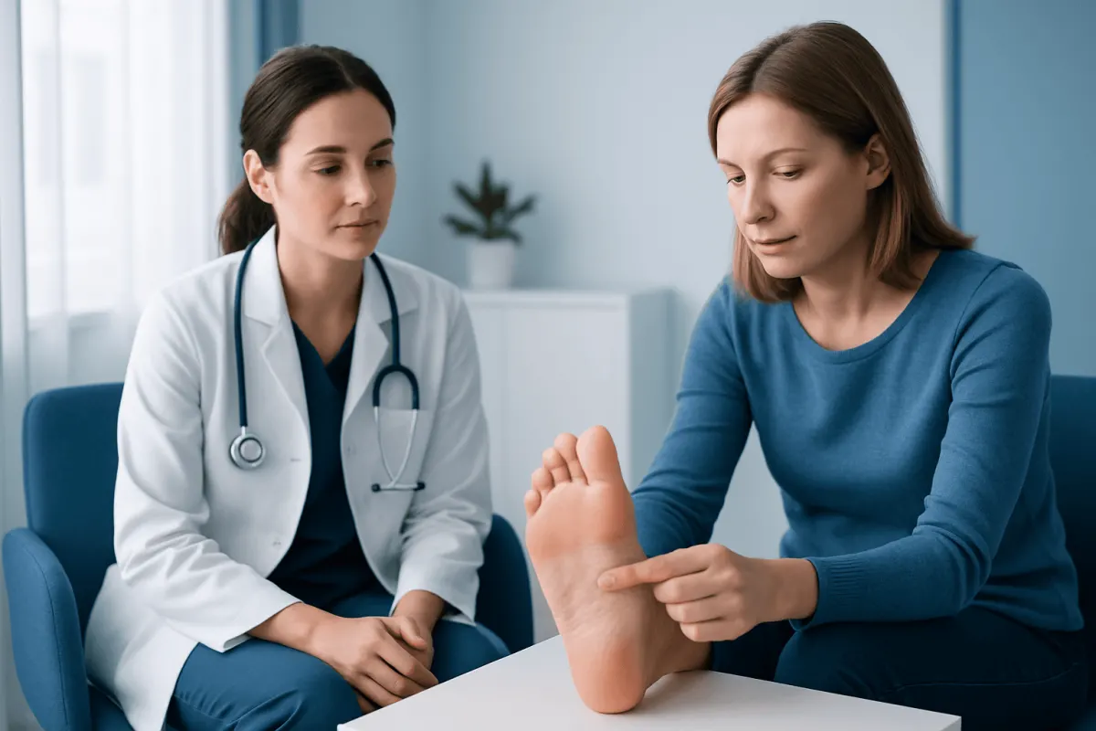 Doctor examining patient's foot in a medical consultation room.