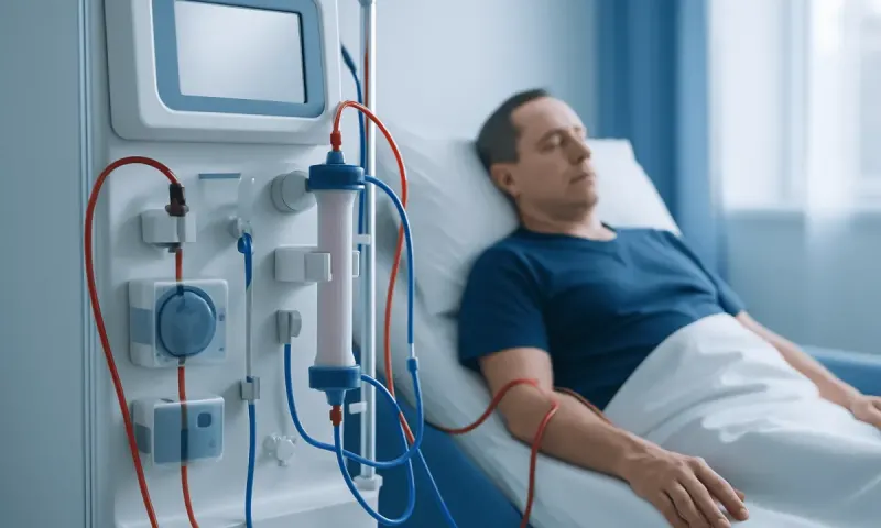 Patient receiving dialysis treatment in a hospital setting.