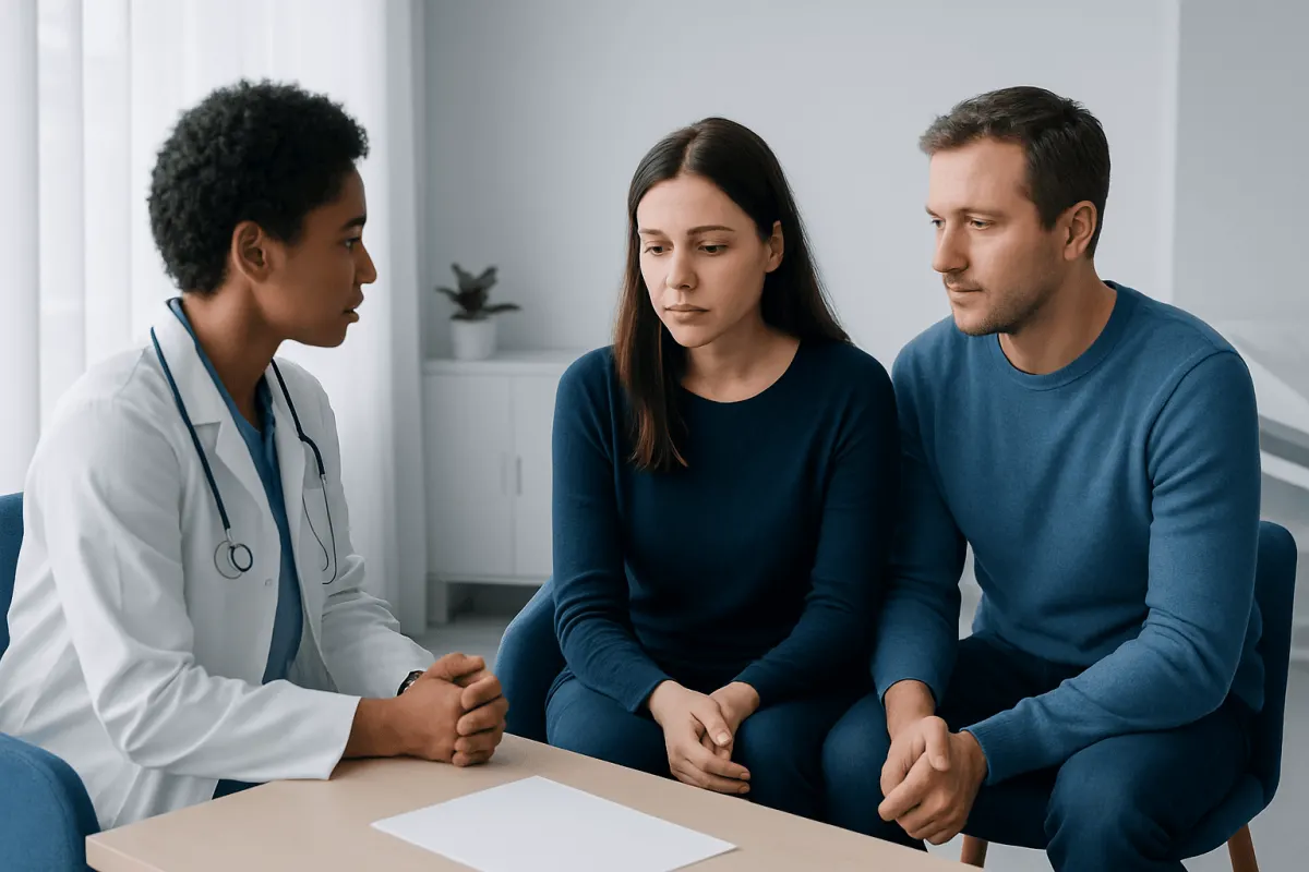 Doctor consulting with a couple about health concerns in a medical office.