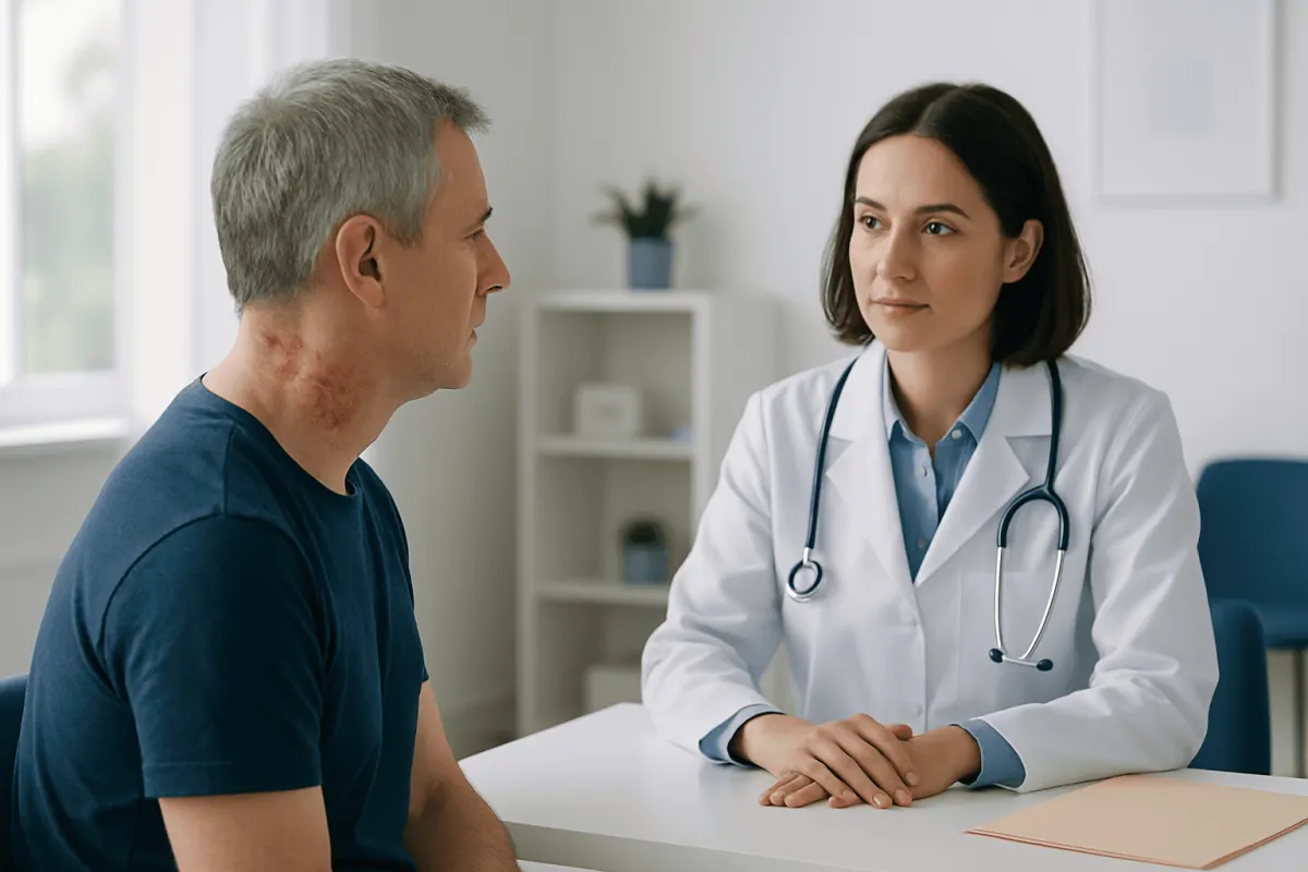 Doctor consulting with patient about shingles on neck in a medical office.