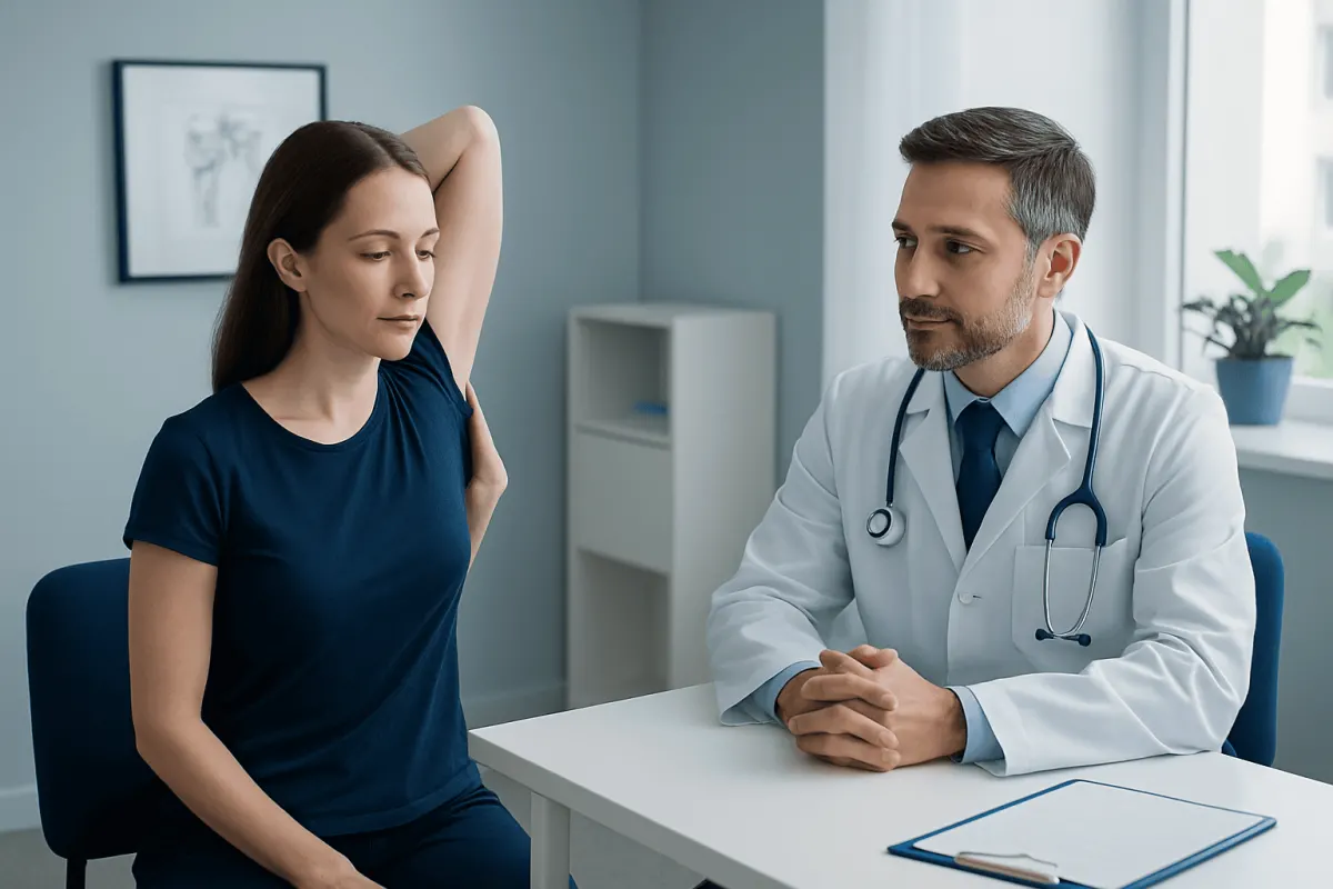 Doctor consulting with a patient about shoulder health in a medical office.