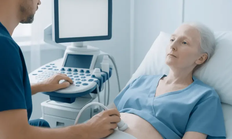 Medical examination of elderly woman with ultrasound device in hospital.