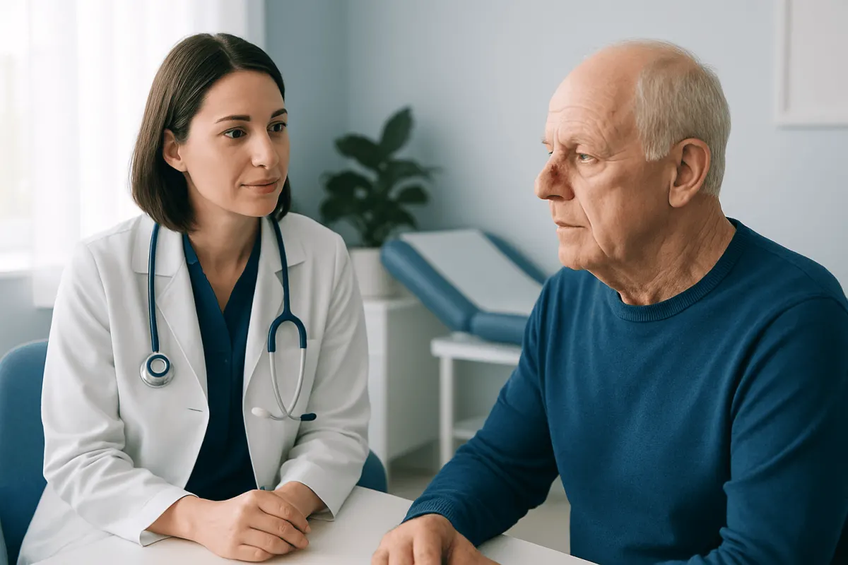 Doctor consulting with an elderly male patient in a medical office.