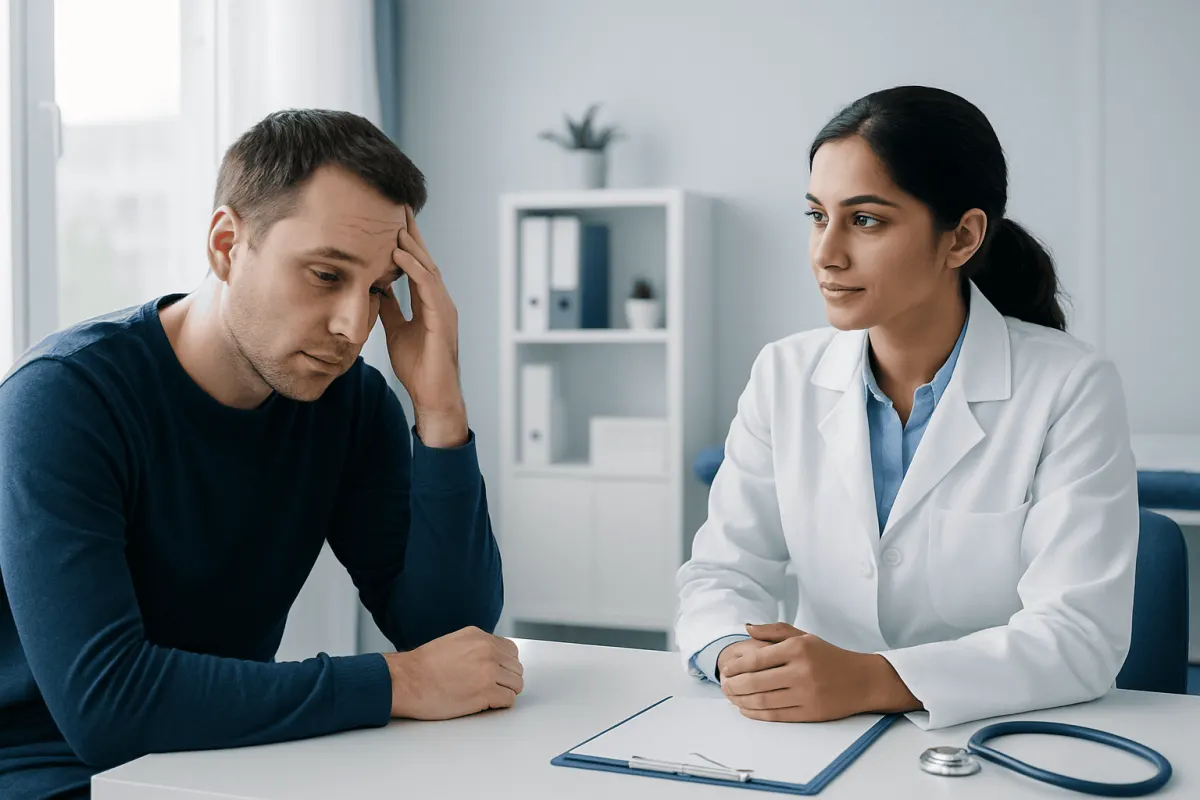 Patient consulting doctor about sleep issues in a medical office.