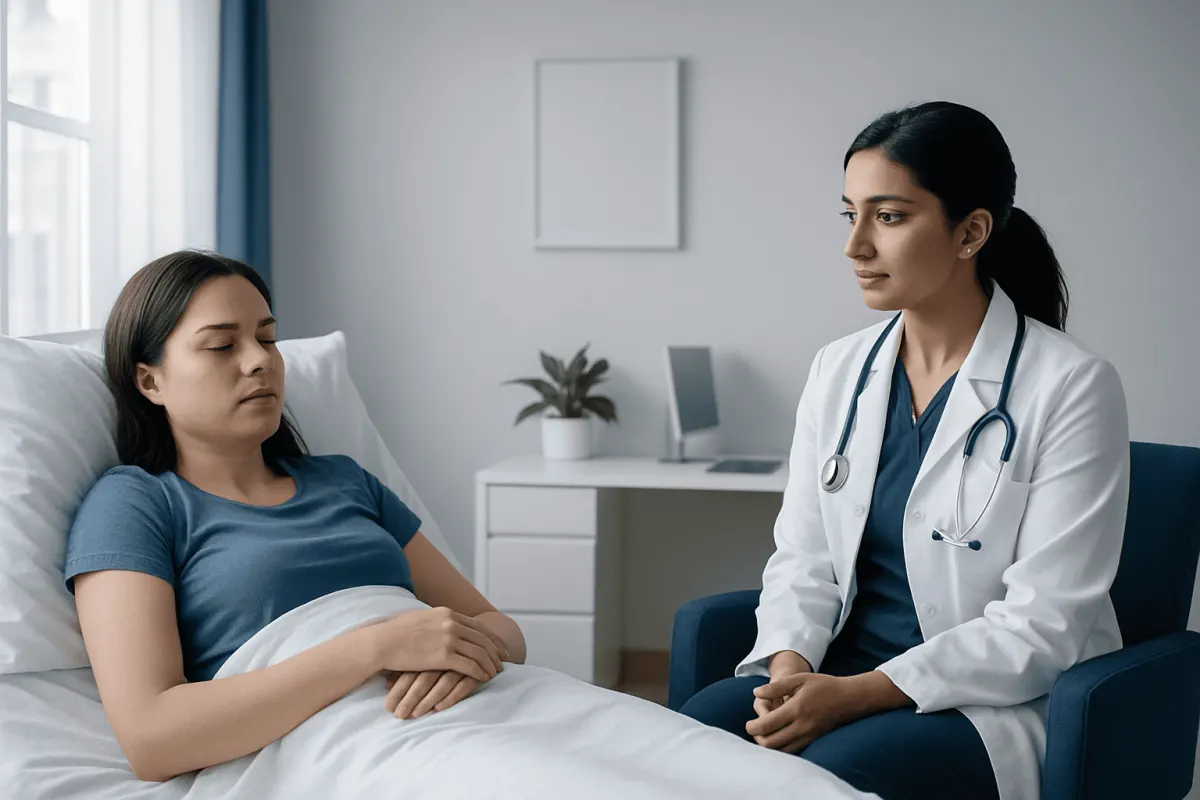 Doctor consulting with a patient in a hospital room.