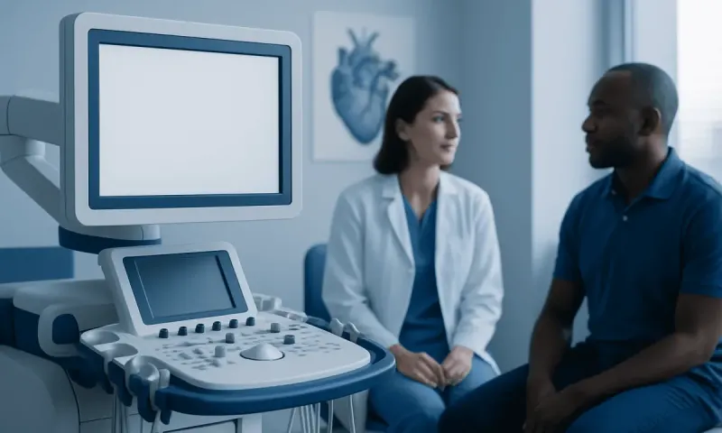 Medical consultation with ultrasound equipment in a hospital setting.