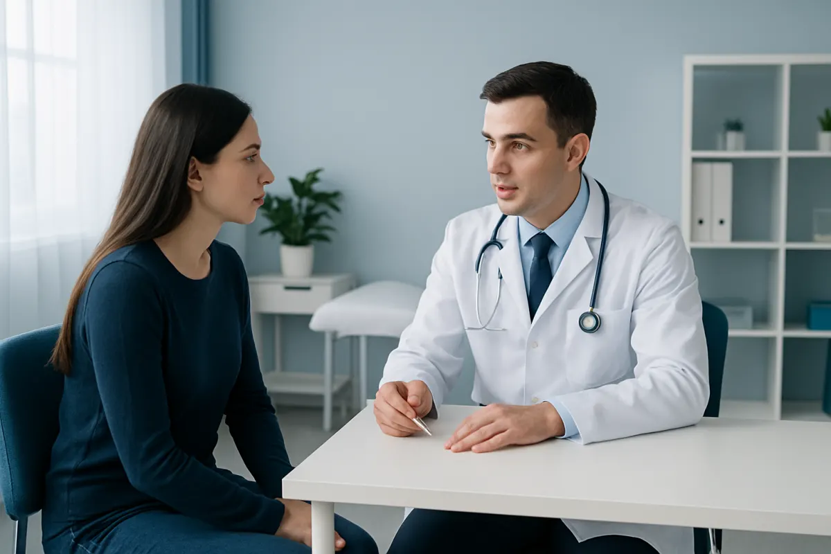 Doctor consulting with a female patient in a modern clinic setting.