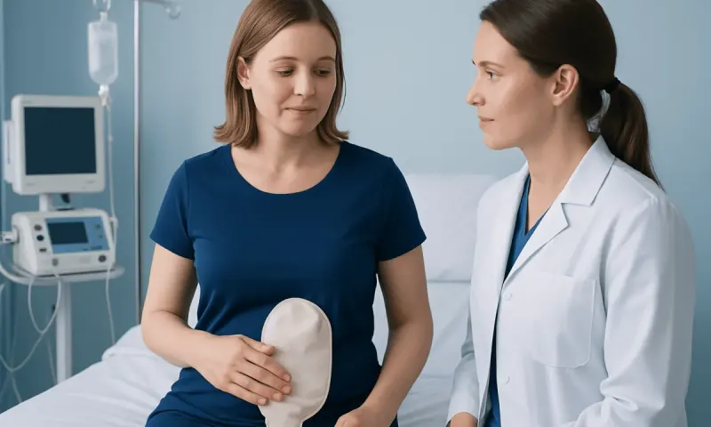 Patient and doctor discussing ileostomy bag in hospital room.