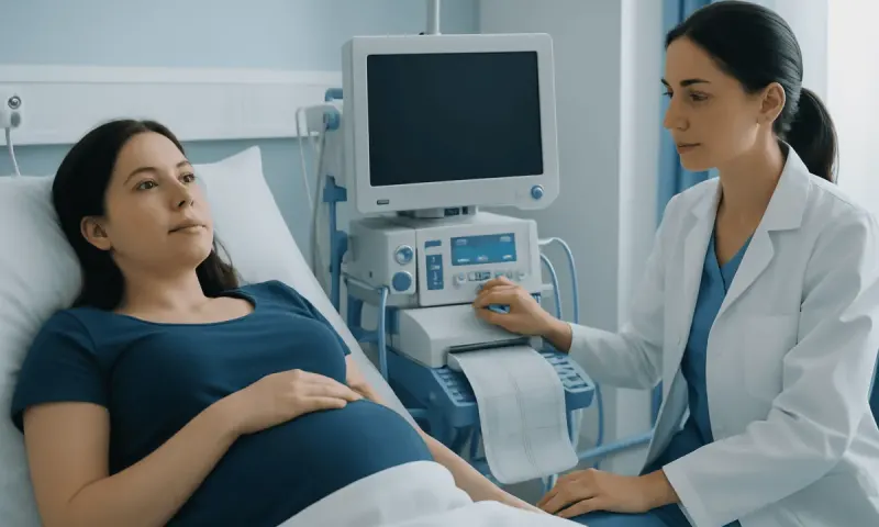 Pregnant woman in hospital bed with doctor and ultrasound machine.