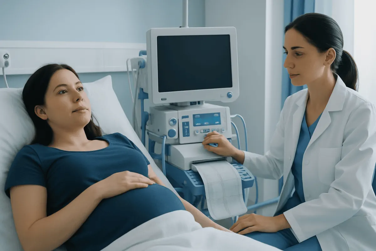 Pregnant woman in hospital bed with doctor and ultrasound machine.
