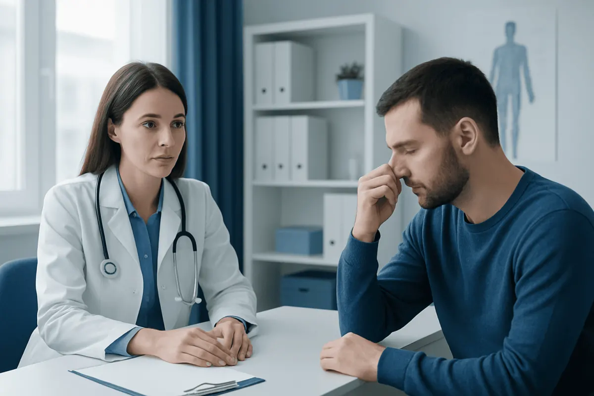 Doctor consulting with male patient about nose soreness in a medical office.