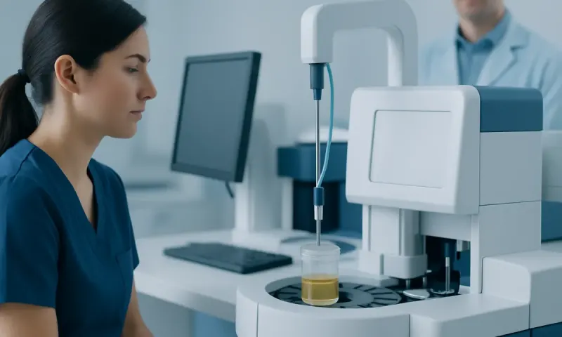 Laboratory technician analyzing urine sample with advanced testing equipment.