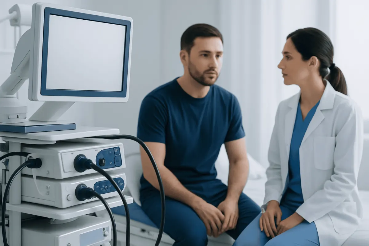 Doctor consulting with patient in a medical examination room.