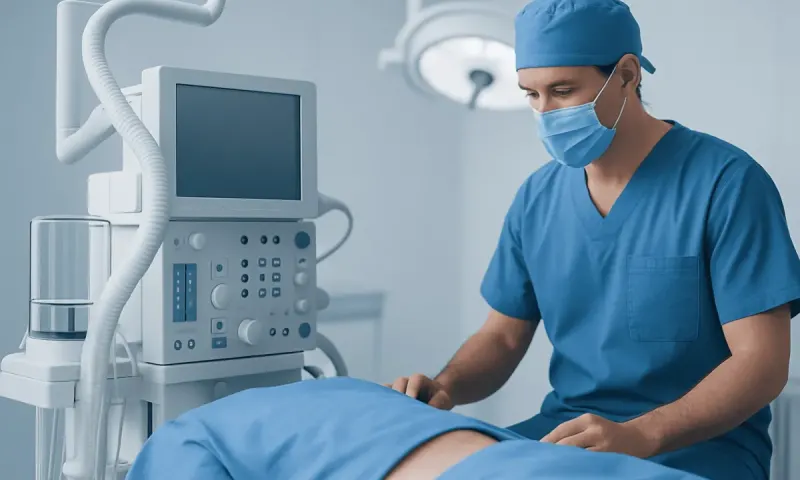 Surgeon preparing for a procedure in a modern hospital operating room.