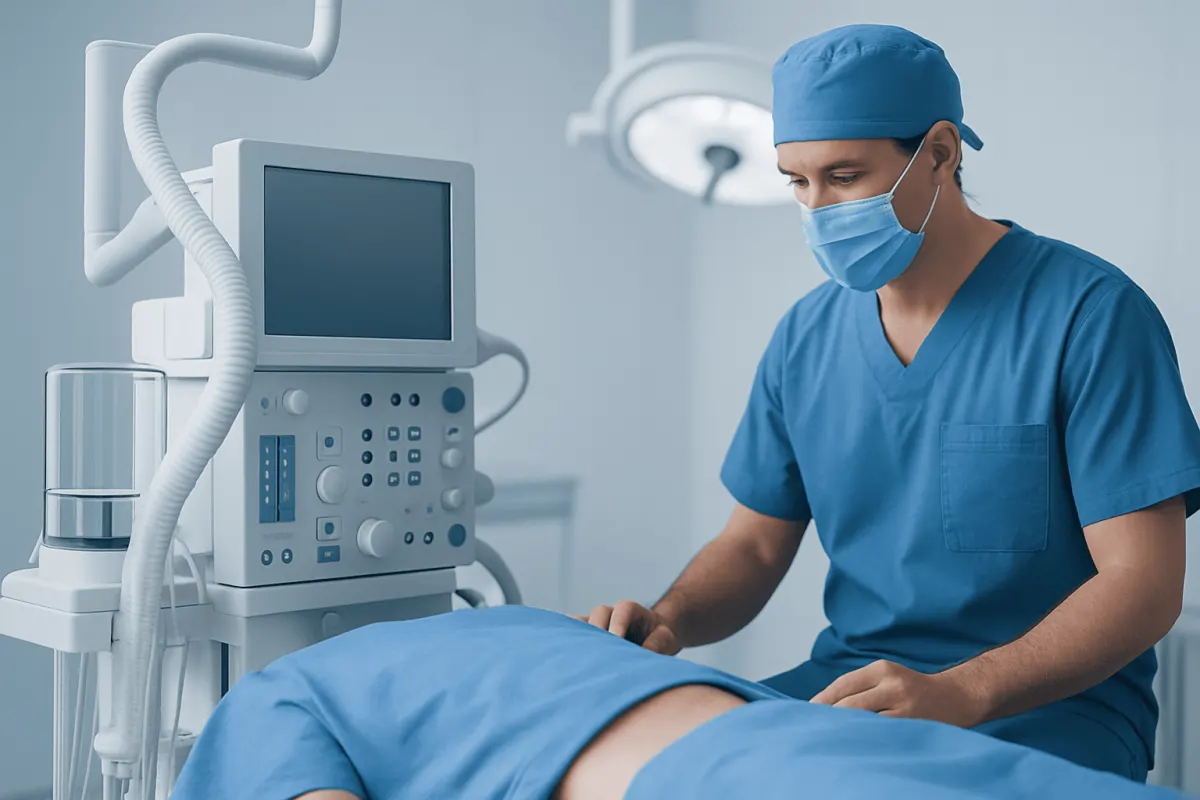 Surgeon preparing for a procedure in a modern hospital operating room.