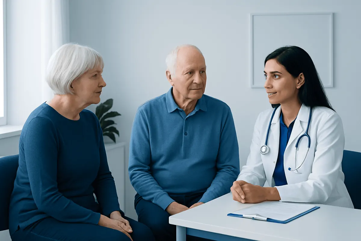 Doctor consulting with elderly couple in a medical office.