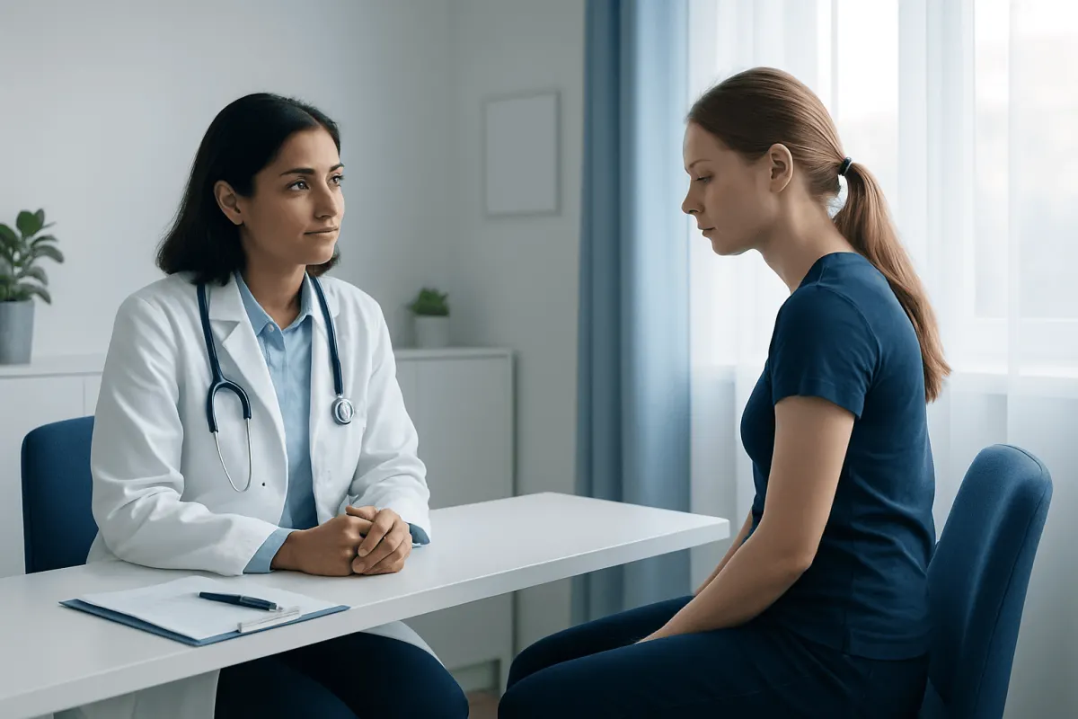 Doctor consulting with a patient about posture and back health.