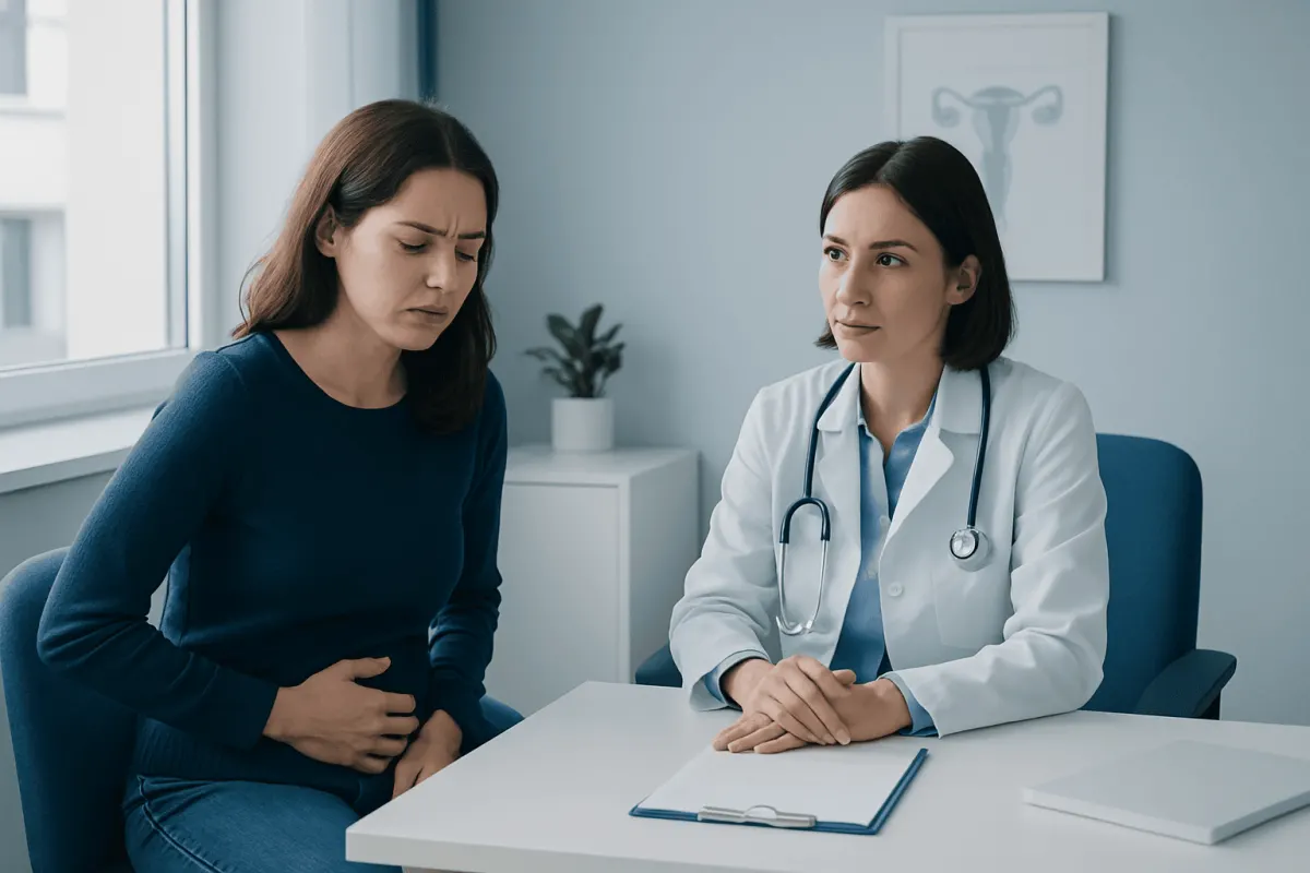 Doctor consulting a patient about menstrual health issues in a clinic.