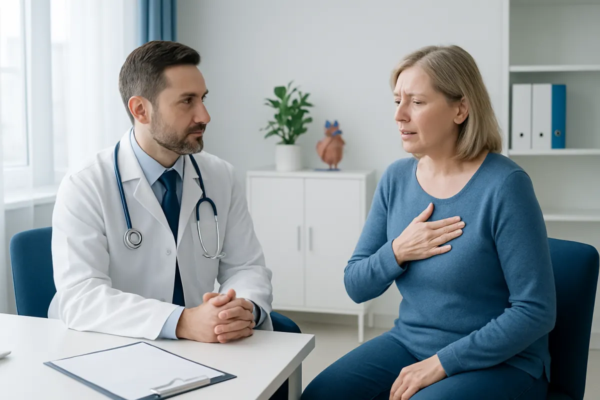 Doctor consulting with a woman patient about heart symptoms in a clinic.