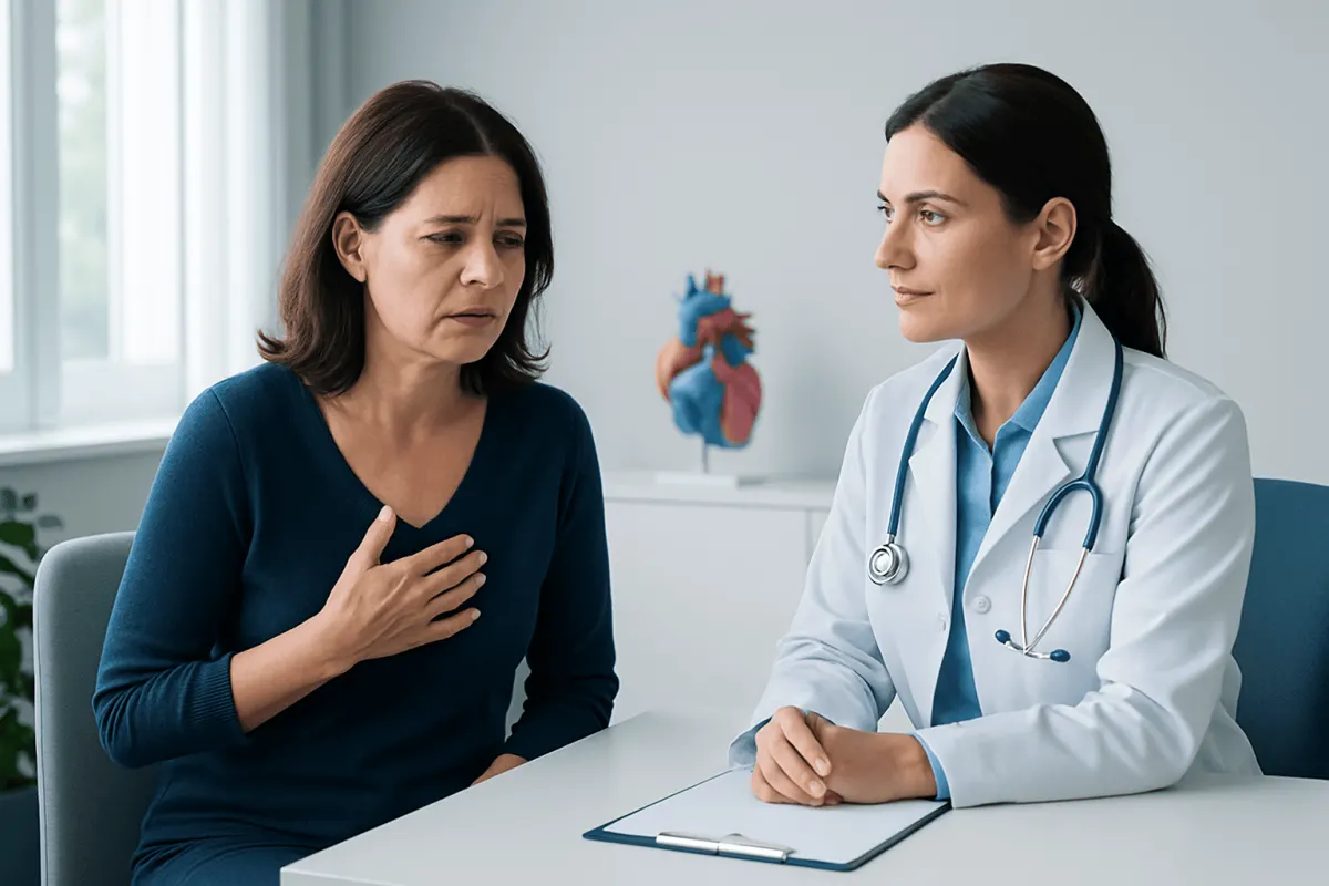 Woman consulting with a doctor about heart health symptoms.