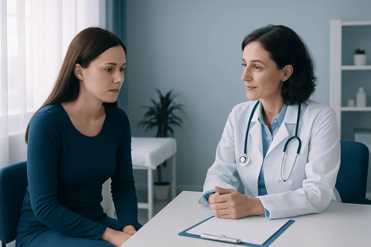 Doctor consulting with a woman patient in a medical office.