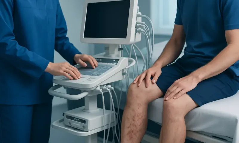 Medical examination of a patient with skin rash on ankles using ultrasound device.