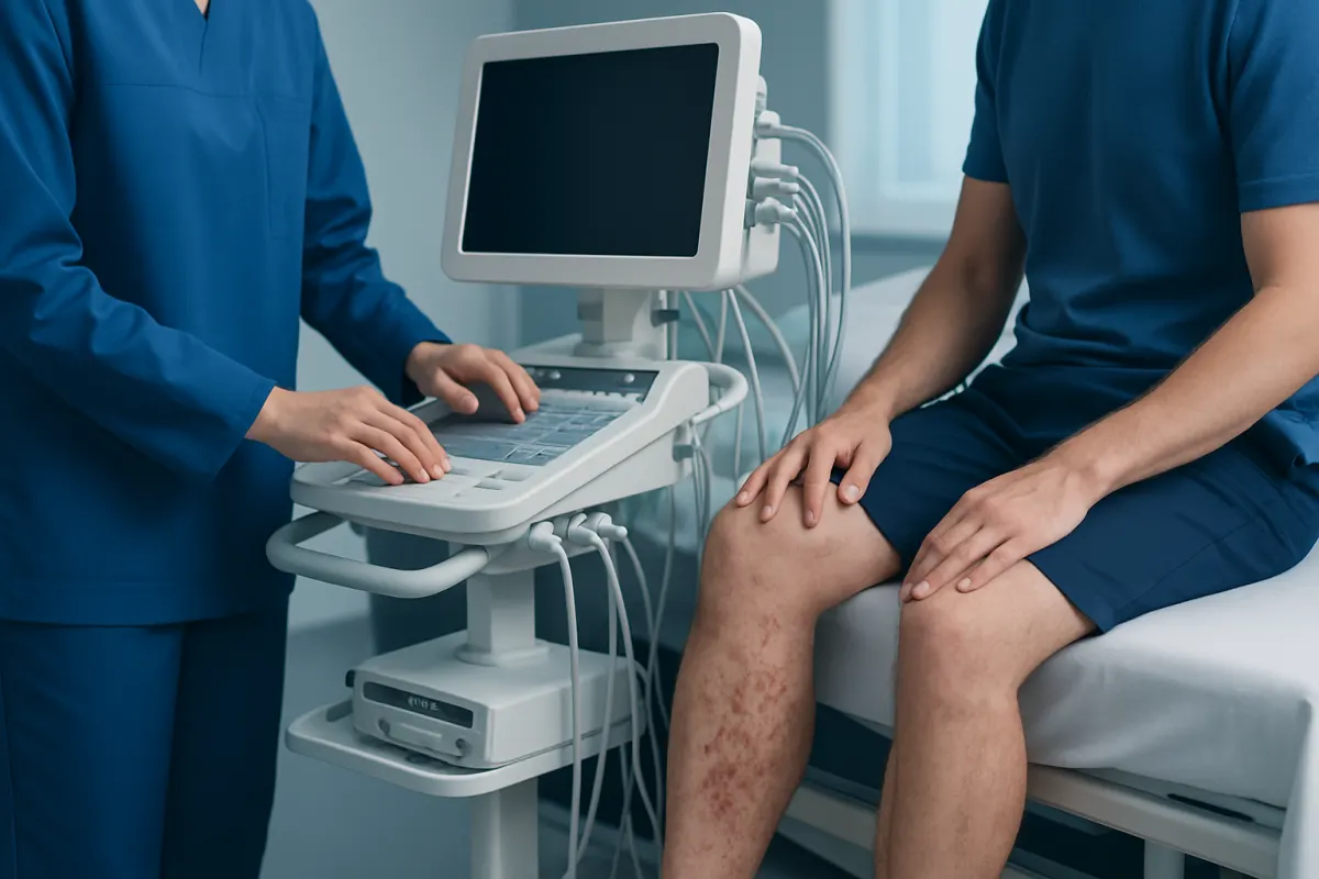 Medical examination of a patient with skin rash on ankles using ultrasound device.