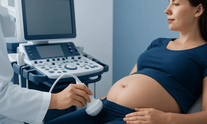 Pregnant woman undergoing an ultrasound examination in a medical clinic.
