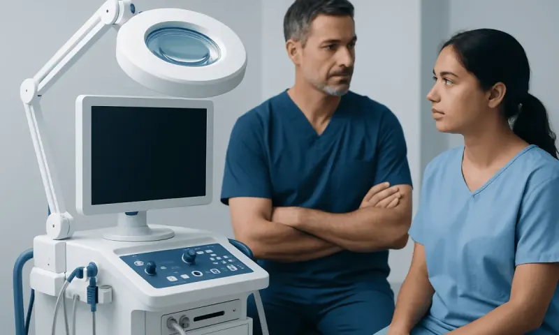 Medical professionals discussing a diagnostic ultrasound machine in a clinic.