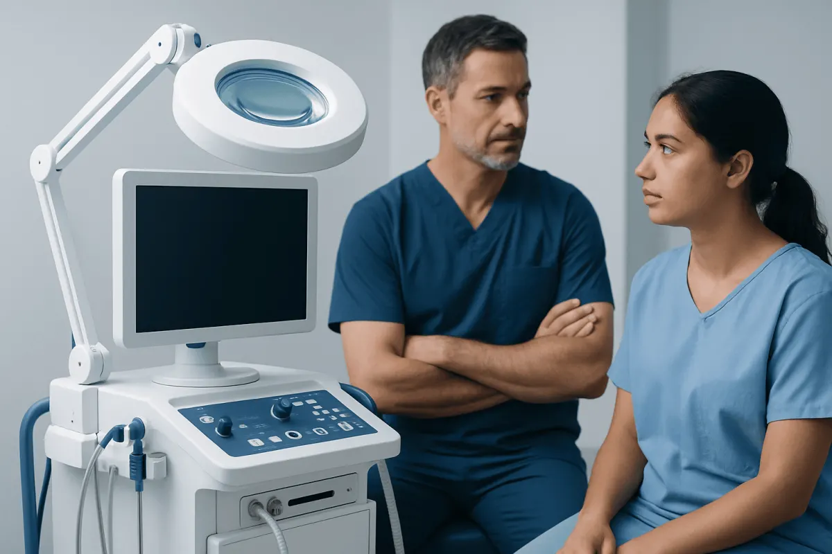 Medical professionals discussing a diagnostic ultrasound machine in a clinic.