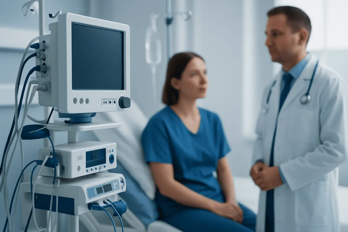 Doctor consulting patient in hospital room with medical equipment.
