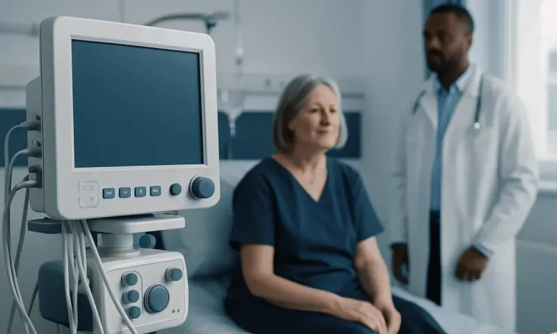 Patient in hospital bed with medical monitor and doctor in background.