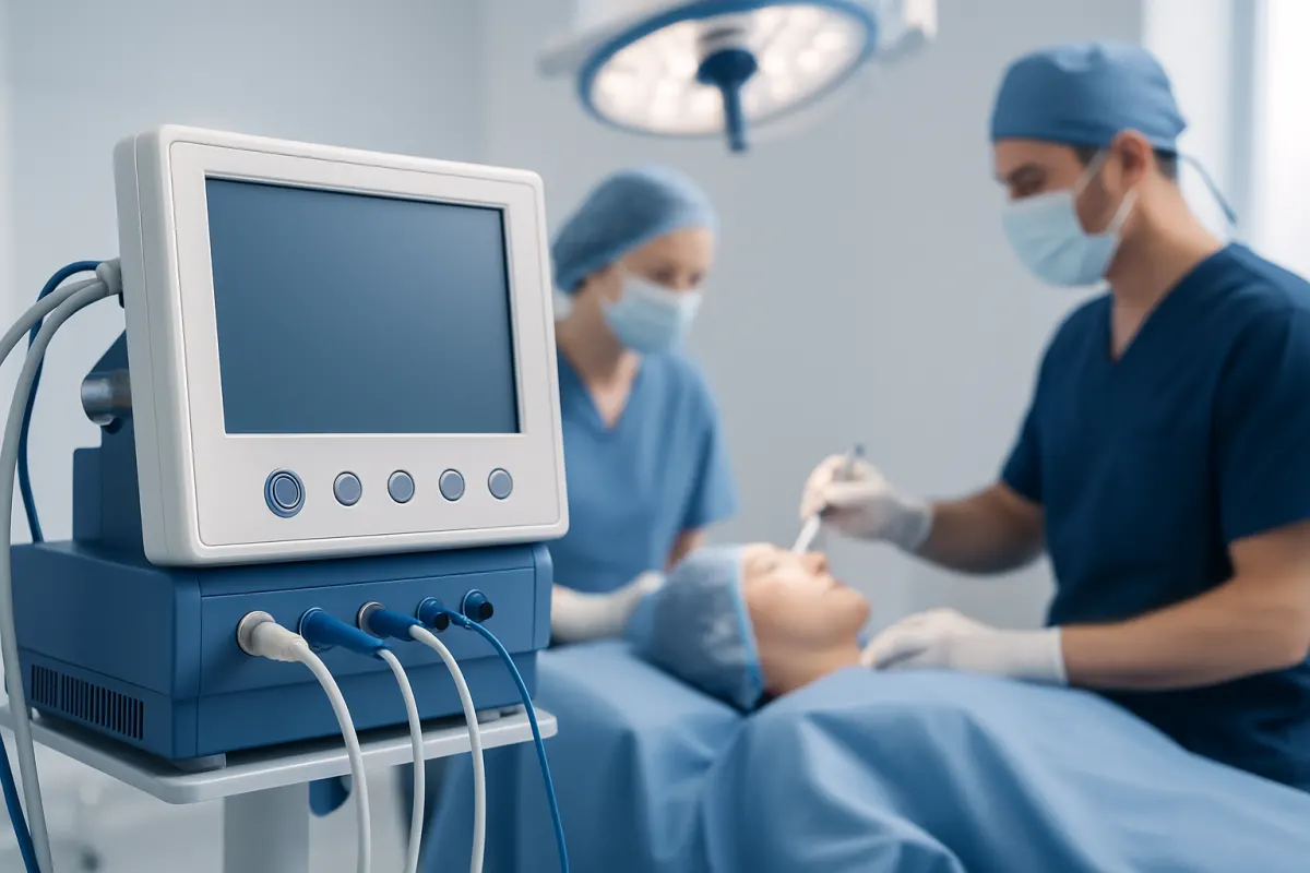 Surgeons performing a parotidectomy surgery in an operating room.