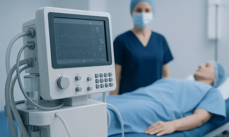 Medical monitor displaying patient vital signs in hospital room.