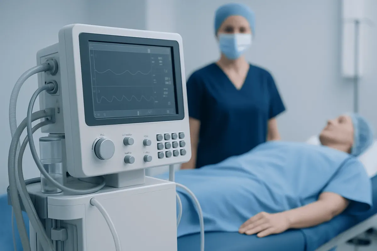 Medical monitor displaying patient vital signs in hospital room.